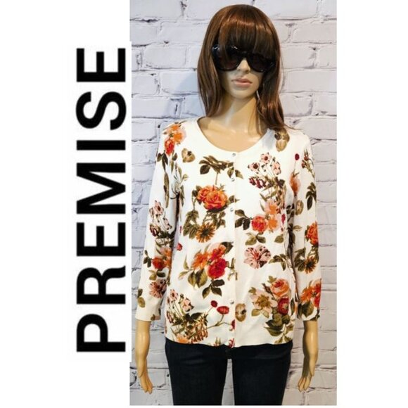PREMISE, White cardigan with beautiful Fall florals - Picture 1 of 10